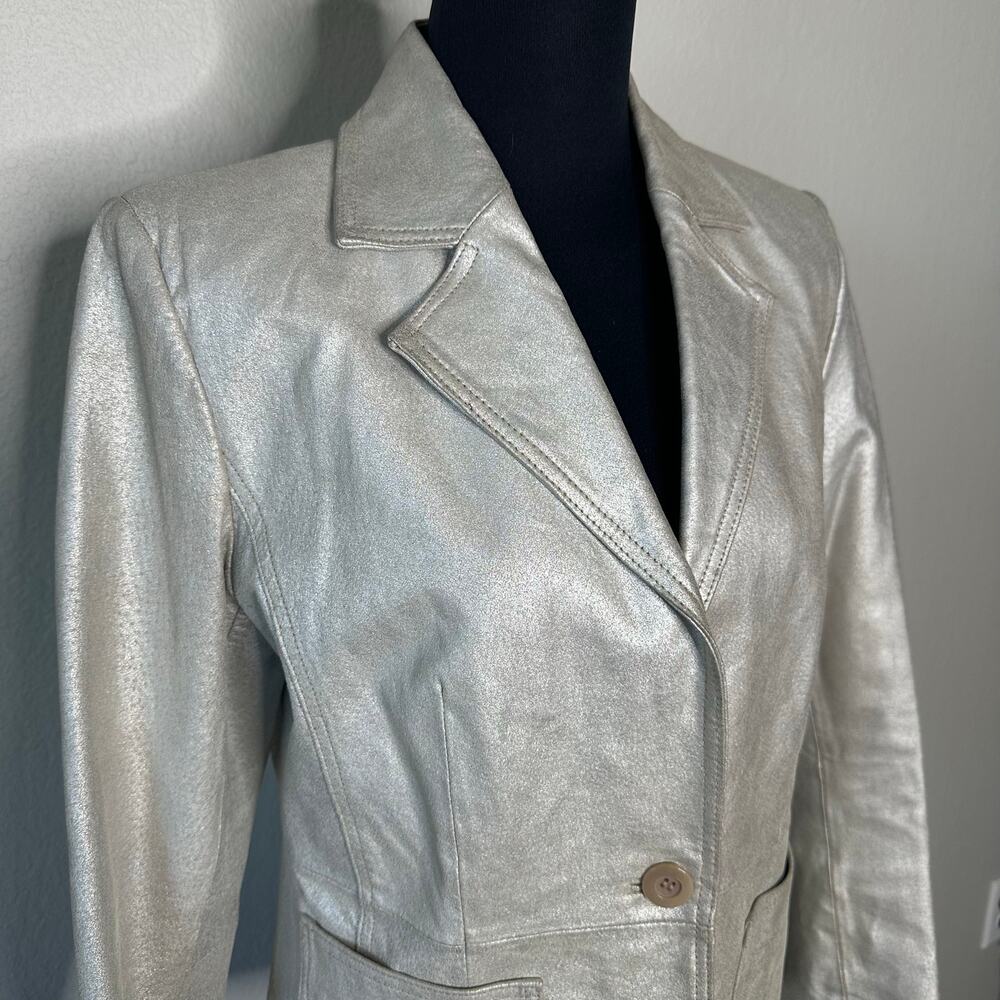 New York & Company Silver Metallic 100% Leather Jacket blazer size 8 - Picture 4 of 4